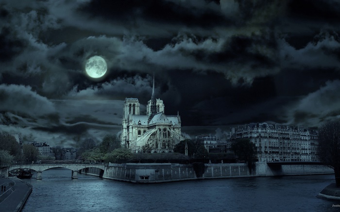 노트르담, 프랑스, 밤, 강, 달 배경 화면 그림