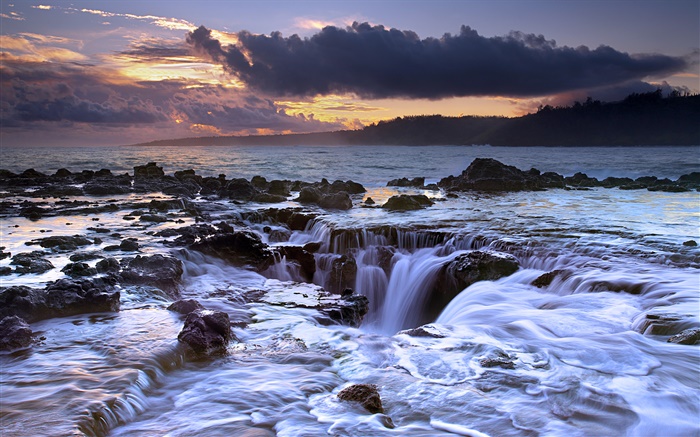 바다가 다시 흐르는, 일몰, 카우아이, 하와이, 미국 배경 화면 그림