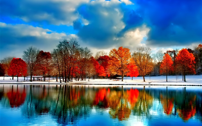 강, 나무, 가을, 구름, 눈, 푸른 하늘 배경 화면 그림