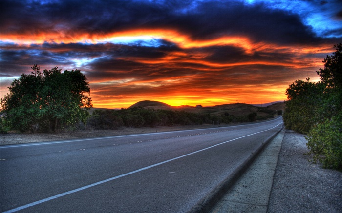 도로, 황혼, 구름, 붉은 하늘 배경 화면 그림