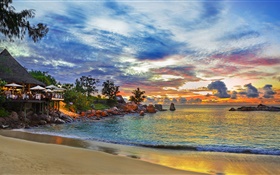 세이셸 섬, 리조트 하우스, 밤, 조명, 바다, 해변 HD 배경 화면