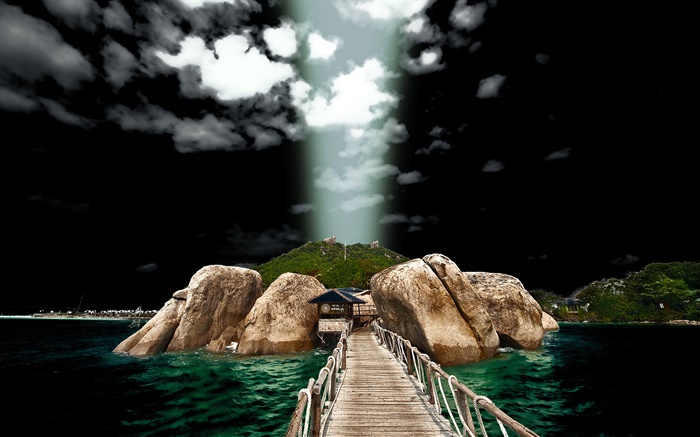 돌, 집, 바다, 다리, HDR 풍경 배경 화면 그림
