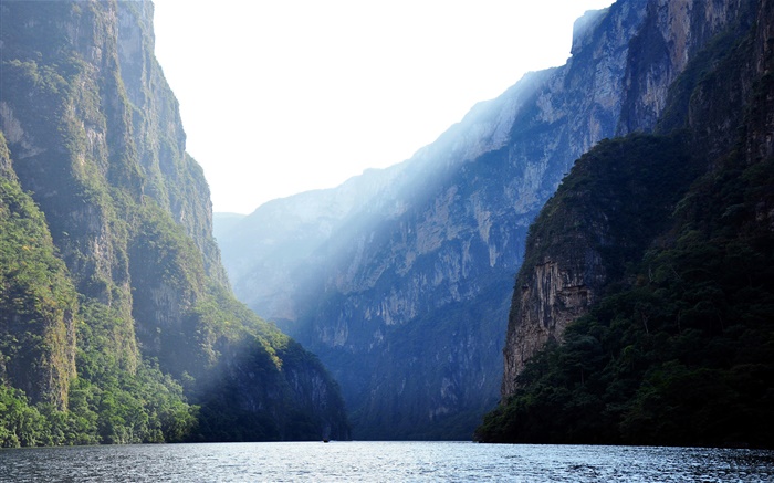 Sumidero 캐년, 멕시코, 강, 산, 절벽, 태양 광선 배경 화면 그림