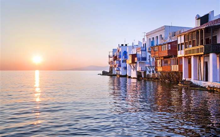 일몰, 바다, 집, 작은 베니스, 미코노스, 그리스 배경 화면 그림