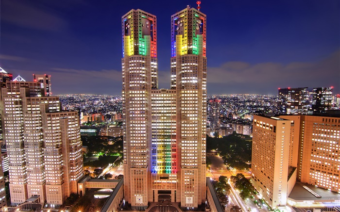 도쿄, 일본, 고층 빌딩, 밤, 도시, 조명 배경 화면 그림