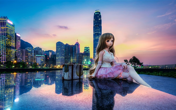 장난감, 인형, 아름다운 소녀, 도시, 건물, 홍콩 배경 화면 그림