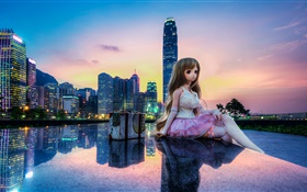장난감, 인형, 아름다운 소녀, 도시, 건물, 홍콩