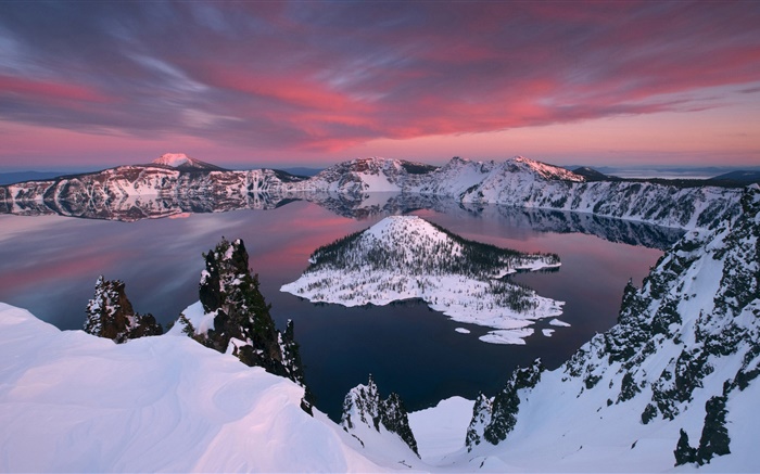 화산 호수, 눈, 섬 배경 화면 그림