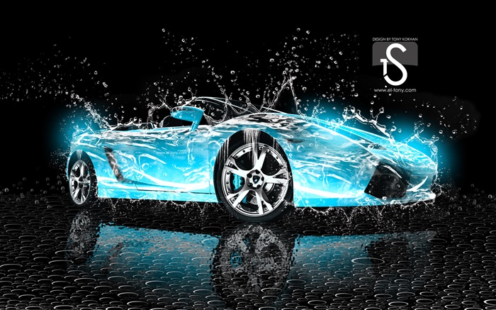 워터 스플래쉬 자동차, 블루 람보르기니, 창조적 인 디자인 배경 화면 그림