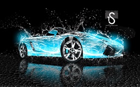 워터 스플래쉬 자동차, 블루 람보르기니, 창조적 인 디자인 HD 배경 화면