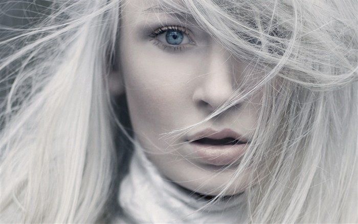 흰 머리, 파란 눈, 소녀의 얼굴 클로즈업 배경 화면 그림