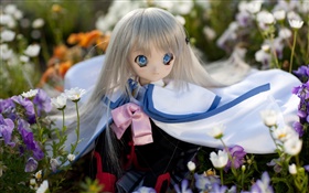 파란 눈 장난감 소녀, 인형, 꽃 HD 배경 화면