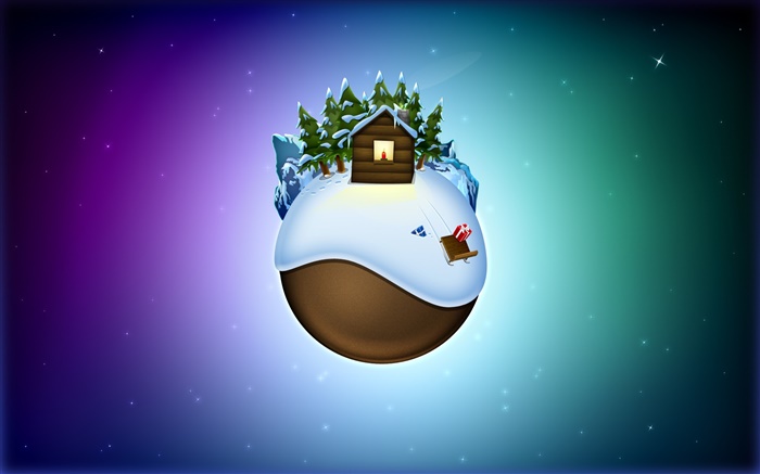 크리스마스 테마 사진, 땅, 나무, 집, 눈, 창조적 인 배경 화면 그림