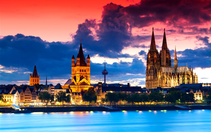 쾰른, 독일, 성당, 도시, 밤, 강, 구름 배경 화면 그림