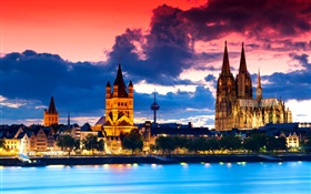쾰른, 독일, 성당, 도시, 밤, 강, 구름 HD 배경 화면