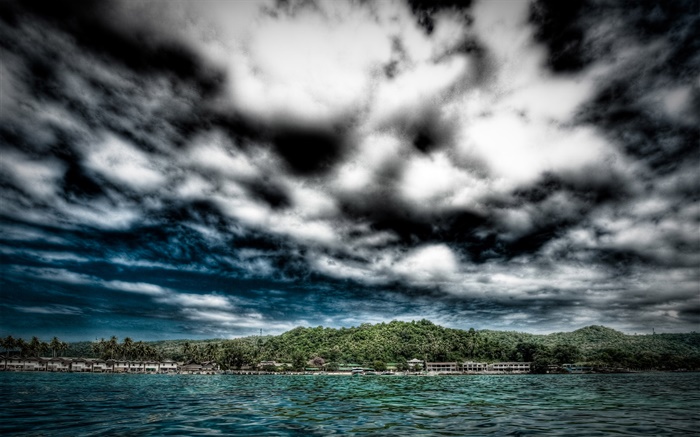 다크 블루 구름, 집, 바다, 해안 배경 화면 그림