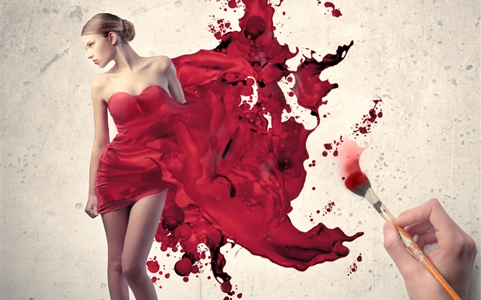 소녀의 빨간 드레스, 창조적 인 그림을 그리기 배경 화면 그림