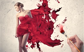 소녀의 빨간 드레스, 창조적 인 그림을 그리기 HD 배경 화면