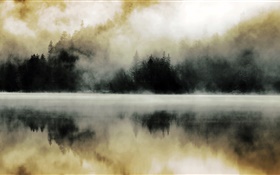 숲, 호수, 안개, 새벽, 물 반사 HD 배경 화면