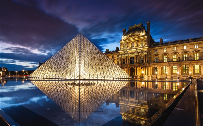 프랑스, 파리, 루브르 박물관, 피라미드, 밤, 물, 조명 배경 화면 그림