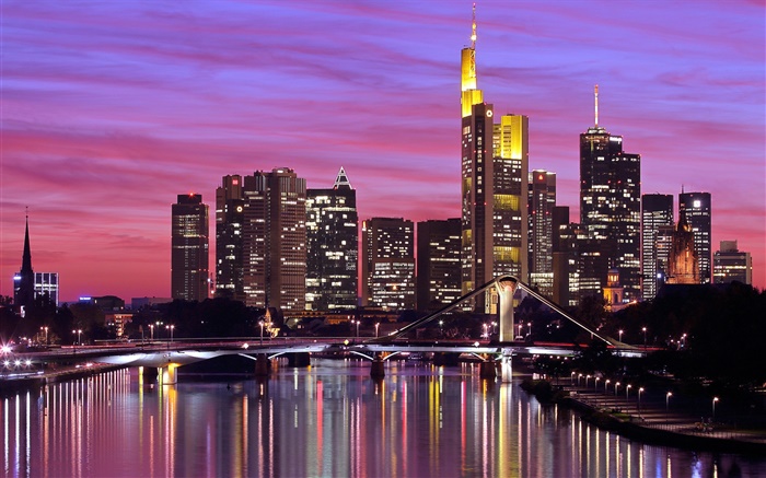 프랑크푸르트, 독일, 도시, 강, 다리, 조명, 고층 빌딩 배경 화면 그림