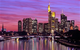 프랑크푸르트, 독일, 도시, 강, 다리, 조명, 고층 빌딩 HD 배경 화면