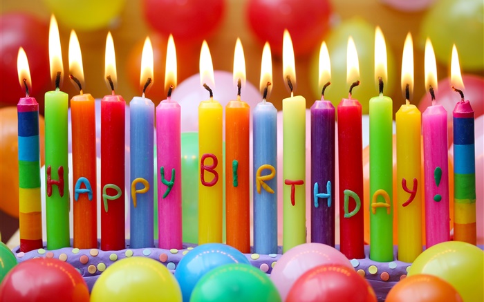 생일 축하, 다채로운 촛불, 화재, 풍선 배경 화면 그림