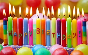생일 축하, 다채로운 촛불, 화재, 풍선 HD 배경 화면