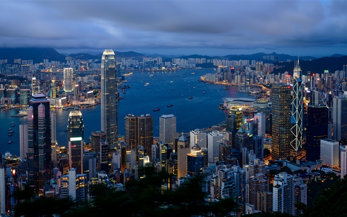 홍콩, 도시, 건물, 흐린 하늘, 아침 배경 화면 그림