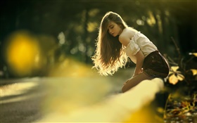긴 머리 소녀, 태양, 나뭇잎 HD 배경 화면