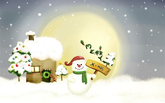 메리 크리스마스, 눈사람, 나무, 달, 집, 눈 배경 화면 그림