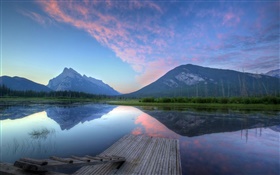 산, 새벽, 호수, 부두, 물 반사 HD 배경 화면