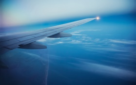 승객이 비행기, 하늘, 구름, 항공기 날개