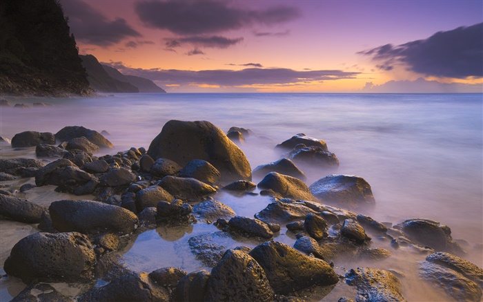 바위, 해변, 바다, 일몰, 하와이, 미국 배경 화면 그림