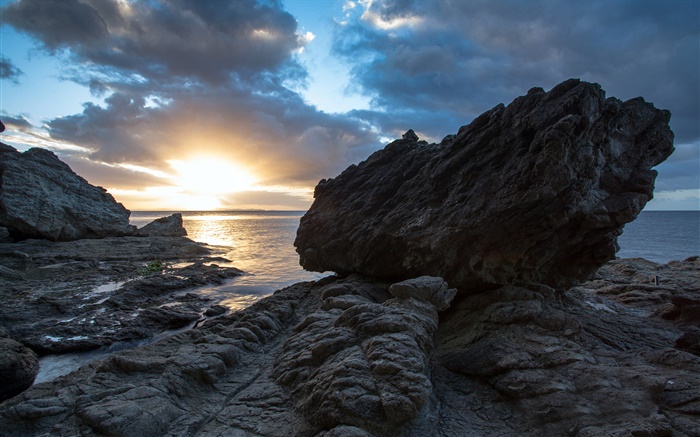 바위, 바다, 일몰, 코로만 델, 뉴질랜드 배경 화면 그림