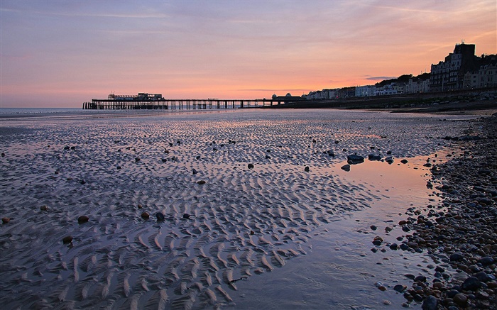 일몰, 부두, 해변, 황혼, 헤이스팅스, 영국 배경 화면 그림