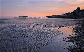 일몰, 부두, 해변, 황혼, 헤이스팅스, 영국 HD 배경 화면
