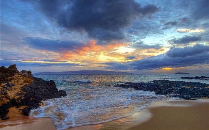 일몰, 바다, 해안, 비밀 비치, 마우이, 하와이, 미국 배경 화면 그림