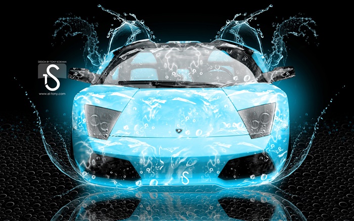 워터 스플래쉬 자동차, 람보르기니, 전면보기, 창조적 인 디자인 배경 화면 그림
