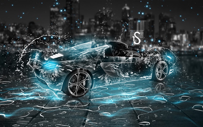 워터 스플래쉬 자동차, 블랙 초차, 밤, 창조적 인 디자인 배경 화면 그림