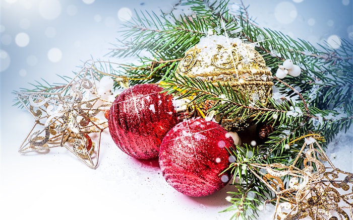 크리스마스 공, 소나무 분기, 새 해 장식 배경 화면 그림