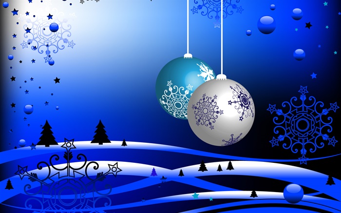 크리스마스 테마, 벡터 사진, 공, 나무, 눈, 푸른 스타일 배경 화면 그림