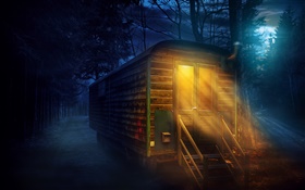 숲, 밤, 보름달, 목조 주택, 조명 HD 배경 화면