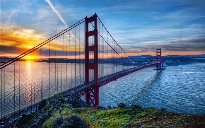 골든 게이트 브리지, 샌프란시스코, 캘리포니아, 미국, 바다, 하늘, 일몰 배경 화면 그림