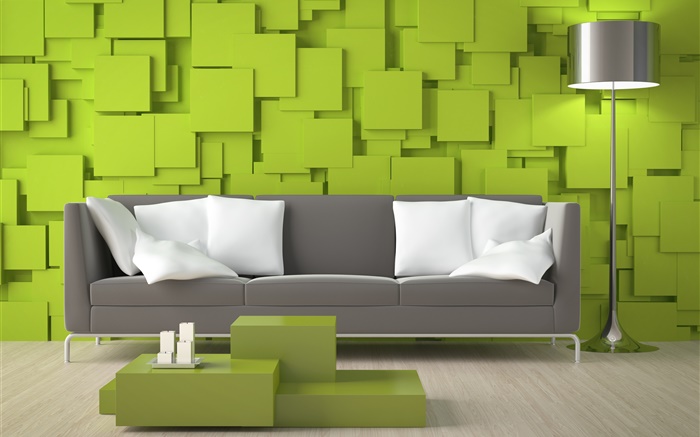 거실, 소파, 녹색 벽, 램프 배경 화면 그림
