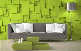 거실, 소파, 녹색 벽, 램프 HD 배경 화면