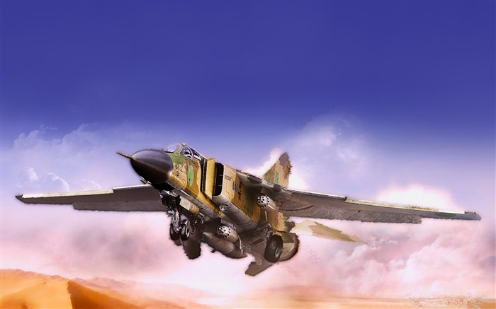 미그 전투기, 비행, 사막, 구름 배경 화면 그림