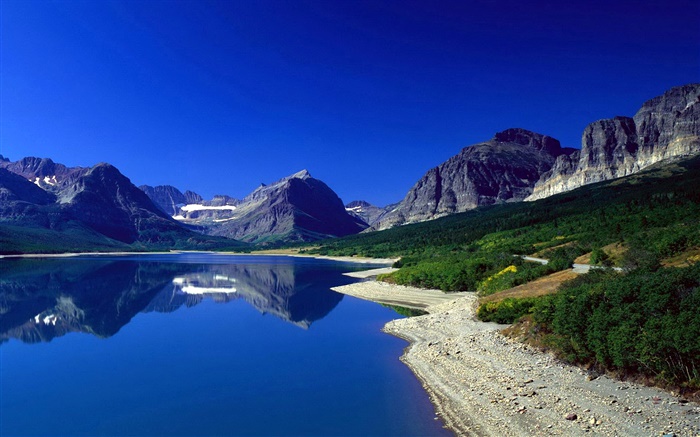산, 호수, 경사, 푸른 하늘, 반사 배경 화면 그림
