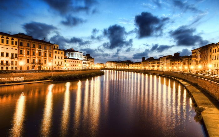 피사, 이탈리아, 도시의 밤, 조명, 강 배경 화면 그림