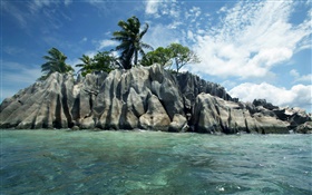 바다, 돌, 나무, 구름, 세이셸 섬 HD 배경 화면